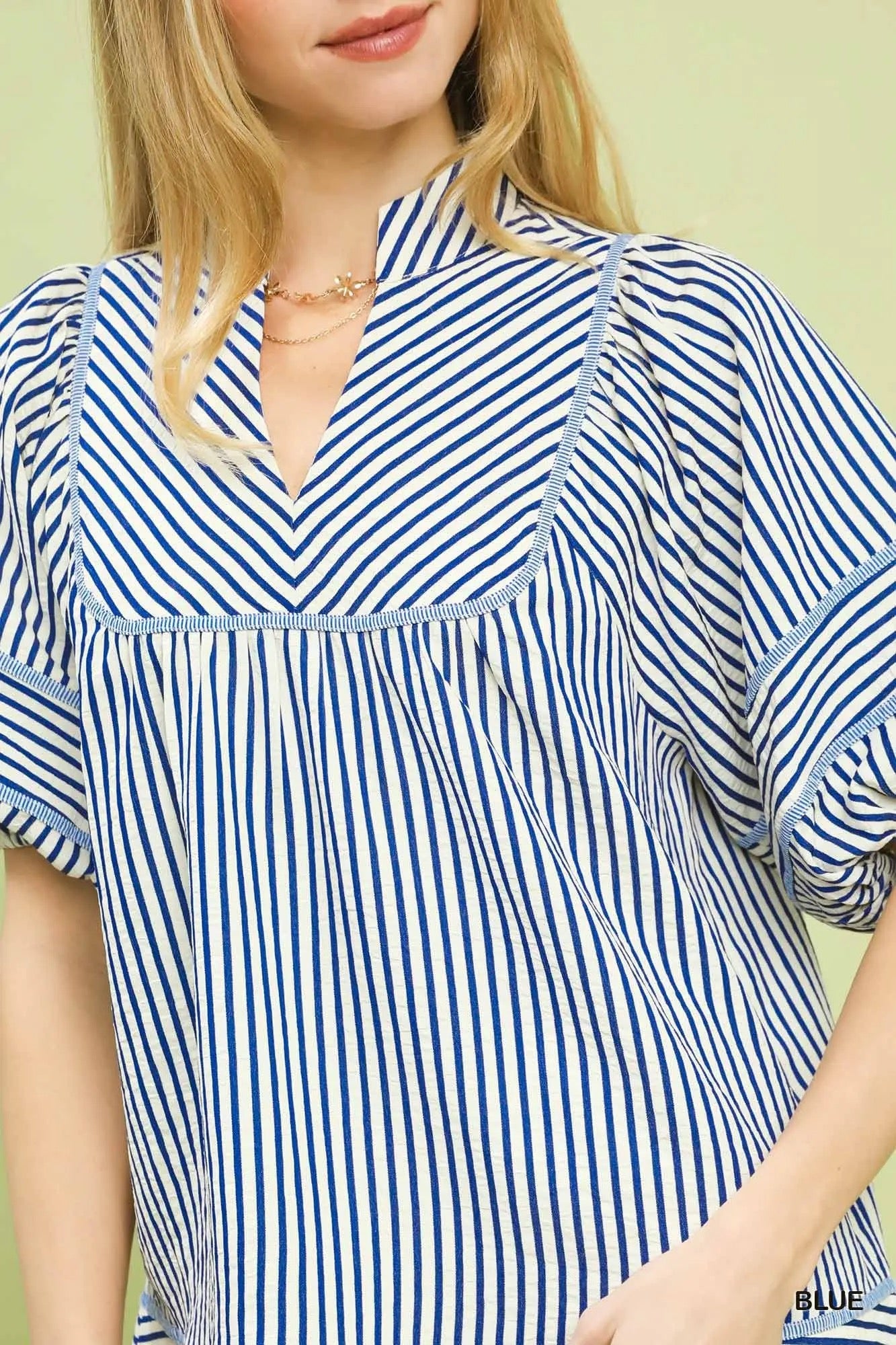 Striped Puff Sleeve Babydoll Top BLUE