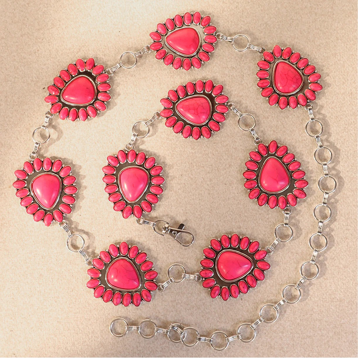 Rustic Couture Oval Blossom Stone Concho Link Chain Belt