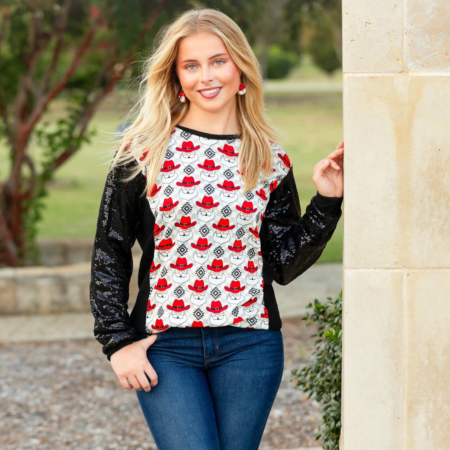 Cowboy Santa Christmas Top with Sequin Sleeves