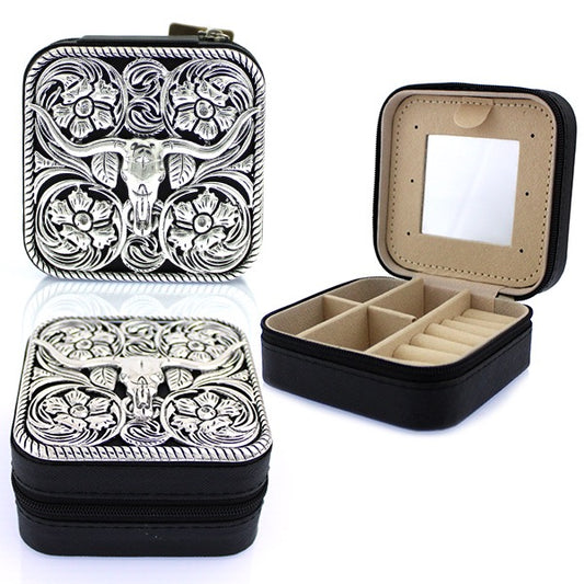 WESTERN STEERHEAD METAL PLATE JEWELRY BOX - BLACK / SILVER