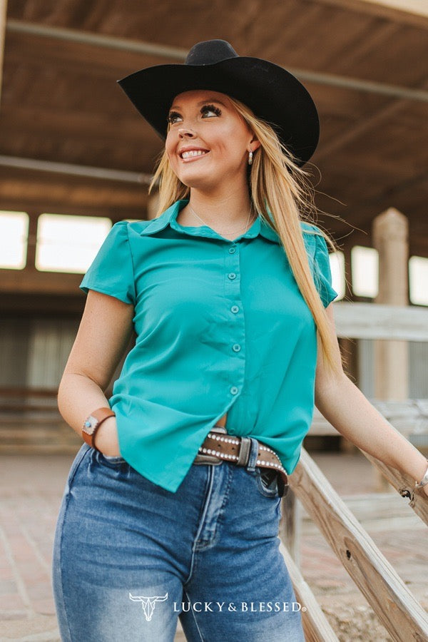 Jade Button Down Ruffle Sleeve Blouse