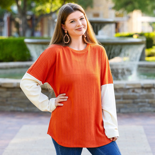 Ribbed Color Block Long Sleeve Top