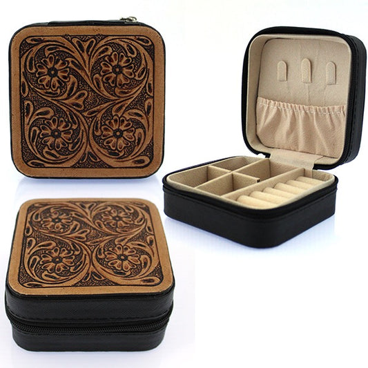 WESTERN TOOLED 4 FLOWERS LEATHER JEWELRY BOX - BROWN