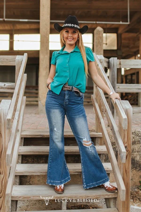 Jade Button Down Ruffle Sleeve Blouse