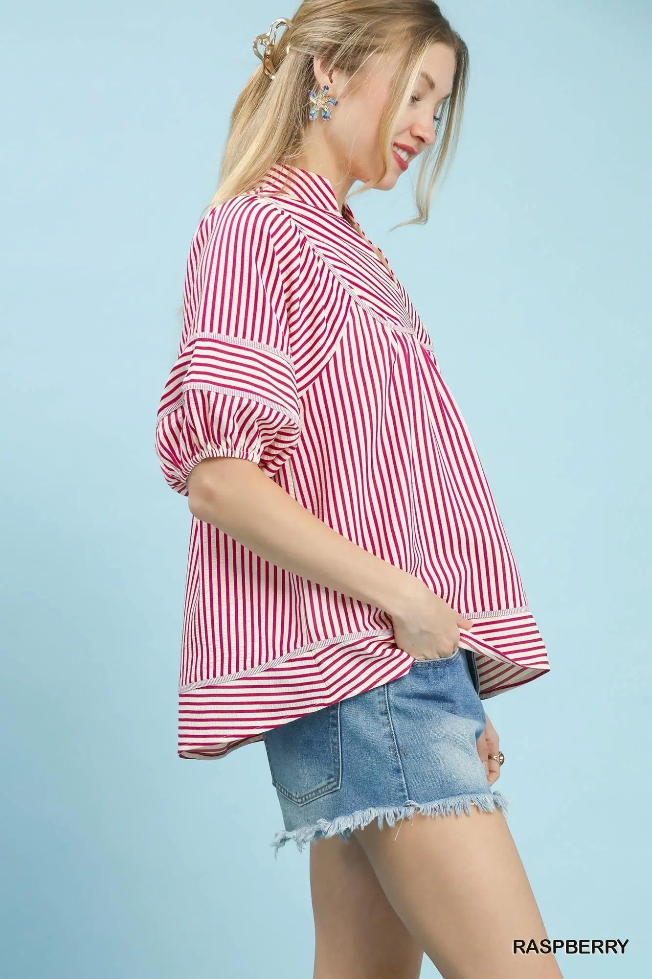 Striped Puff Sleeve Babydoll Top RASPBERRY