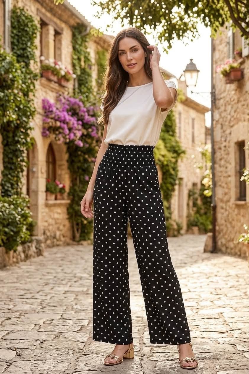 Polka Dot Wide Leg Pants – Smocked Waist Fit