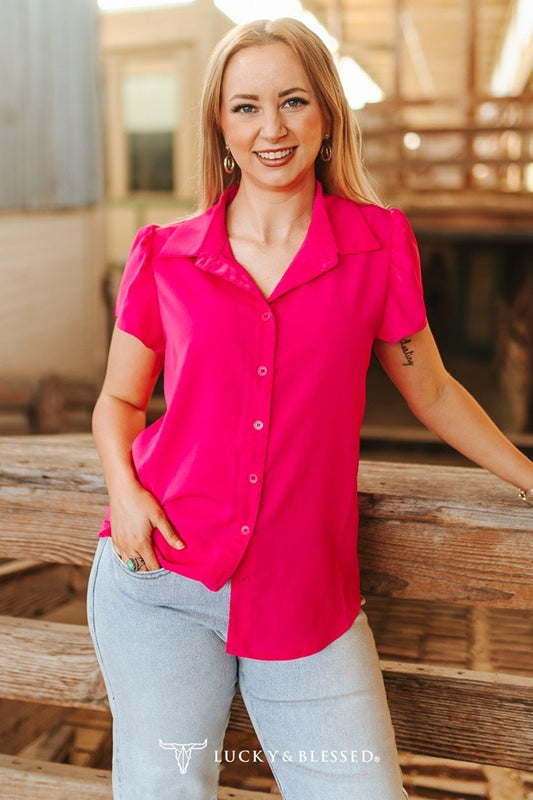 Fuchsia Button Down Ruffle Sleeve Blouse
