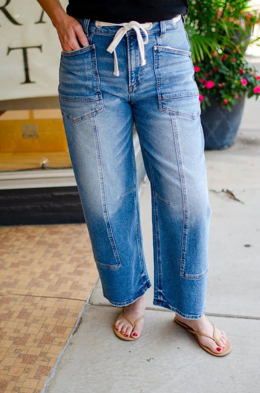 RISEN SLOUCHY CROP BARREL EYELET WAISTBAND DETAILS JEANS