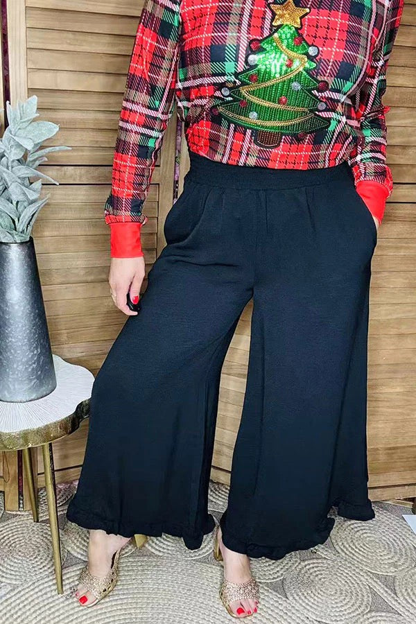 solid color black ruffles wide leg pants