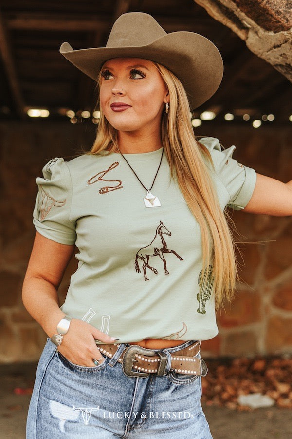 Sage Western Contrast Embroidered Puff Sleeve Top