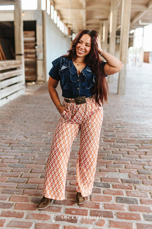Dark Wash Button Down Short Sleeve Ruffle Top