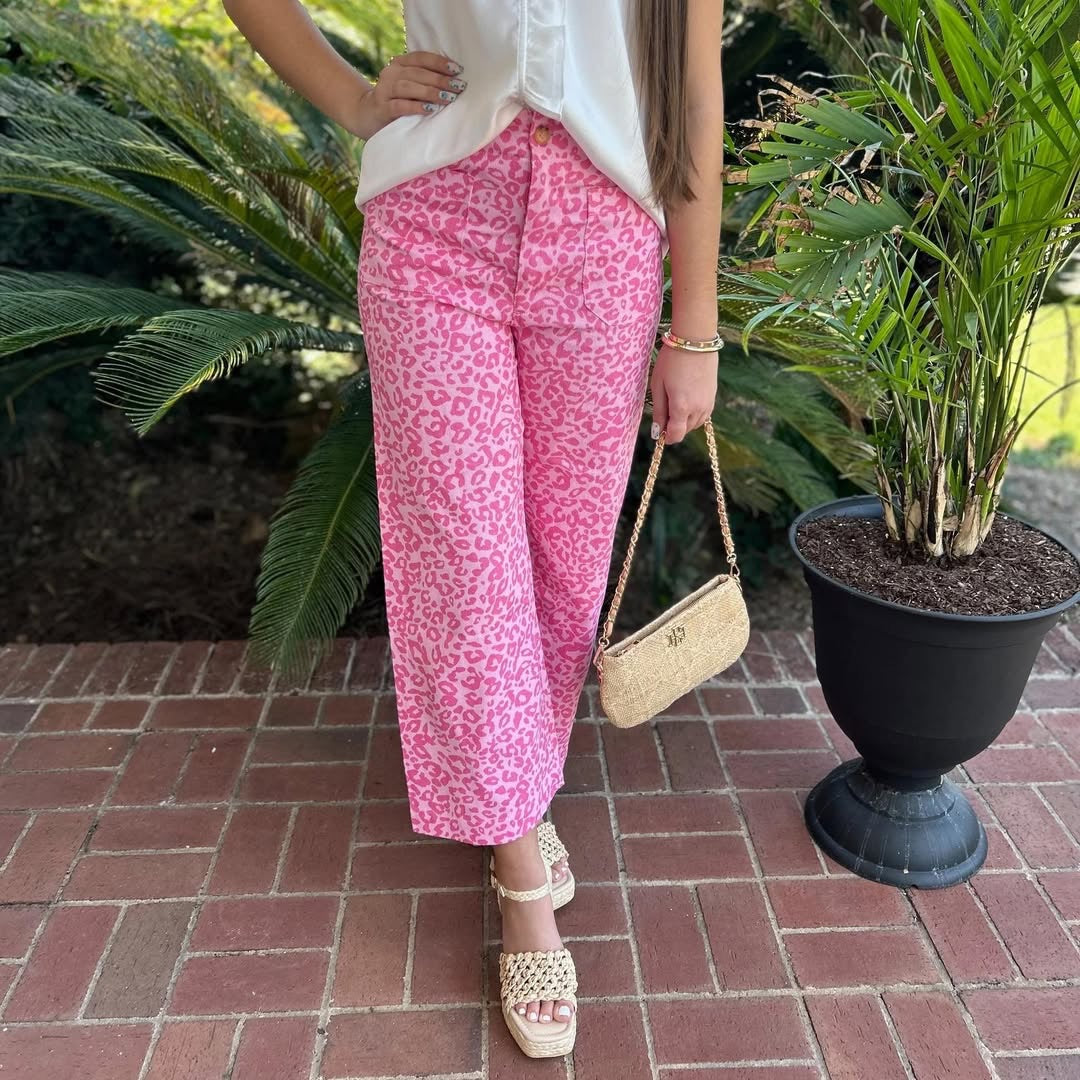 Ankle Cropped Summer Pants in a PINK Leopard Print with Pockets