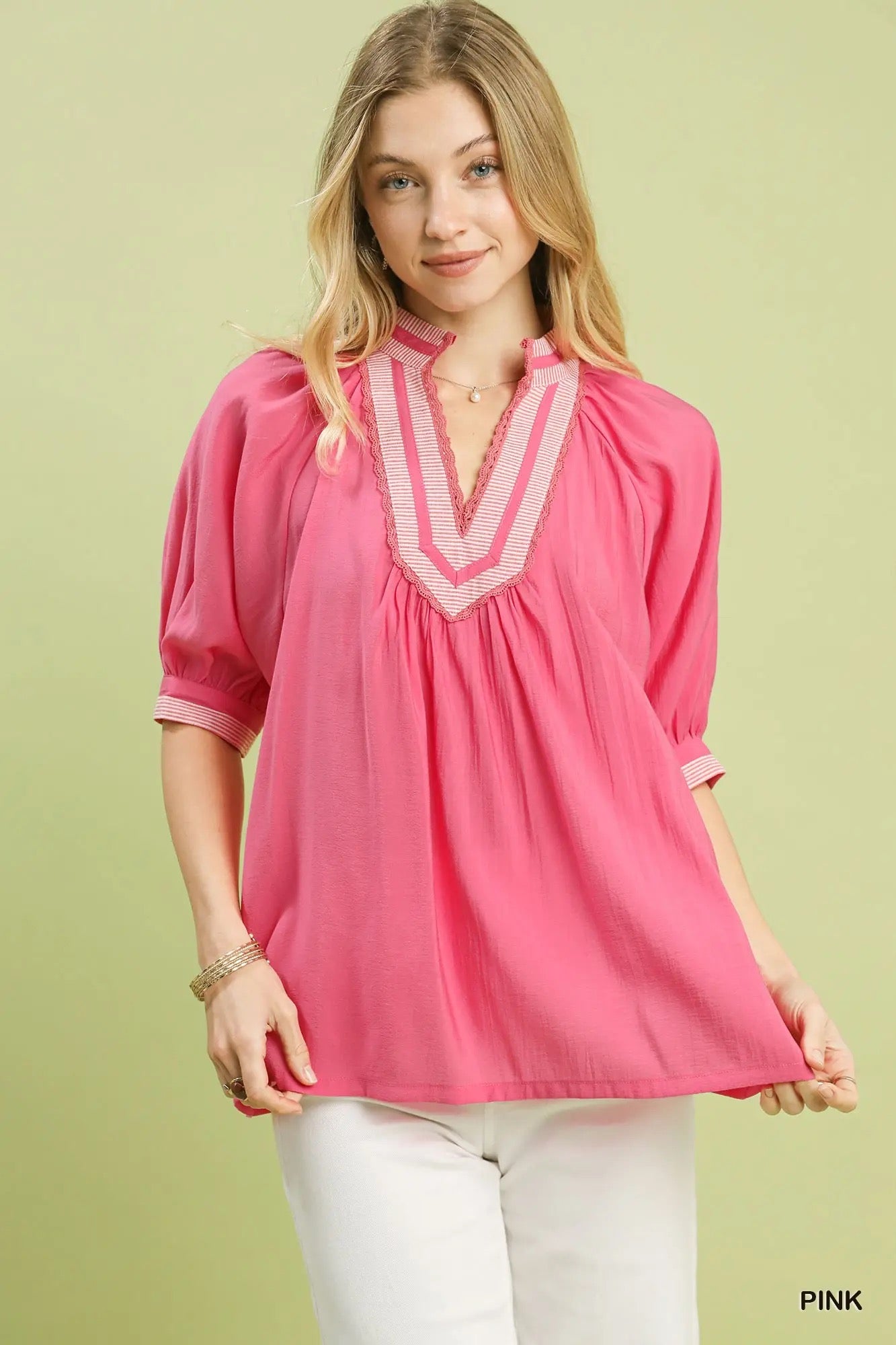 UMGEE Solid Contrast Trim Pleated Top PINK