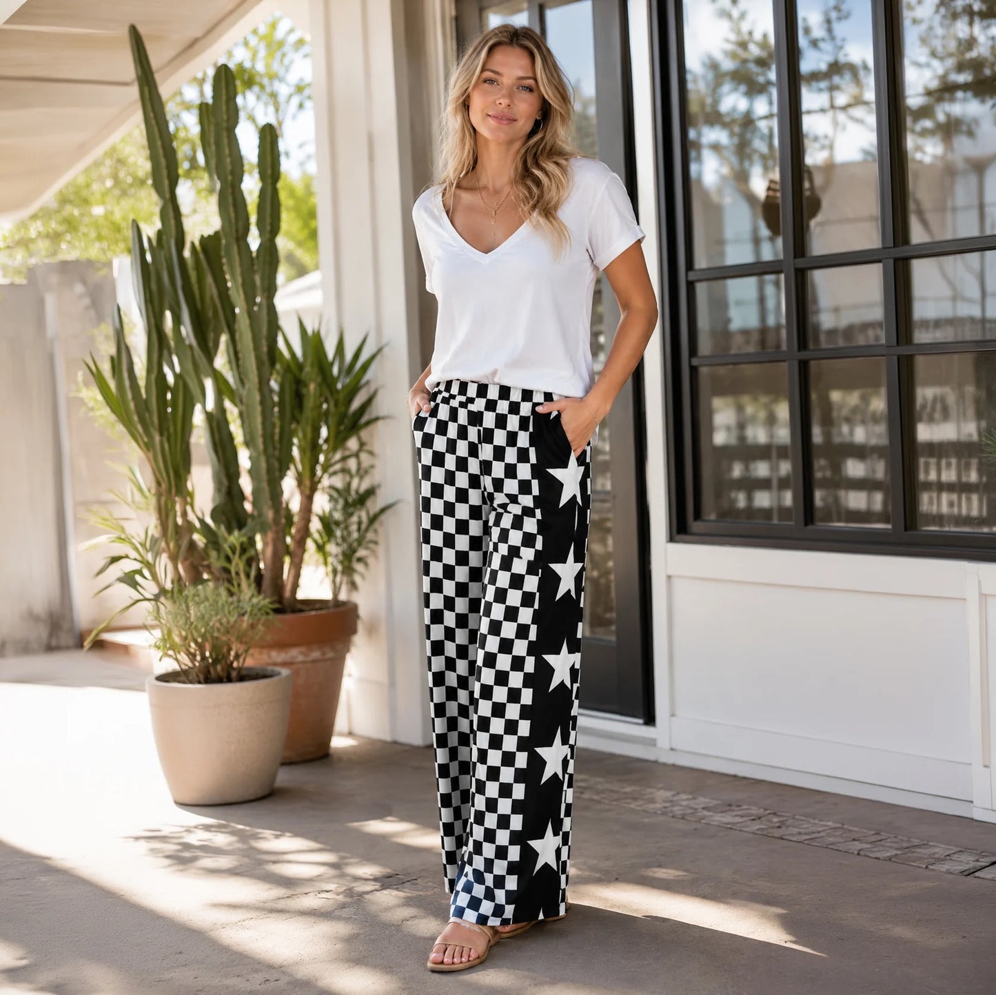 CHECKERED WIDE LEG PANTS W/ STARS AND POCKETS
