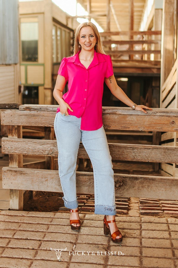 Fuchsia Button Down Ruffle Sleeve Blouse