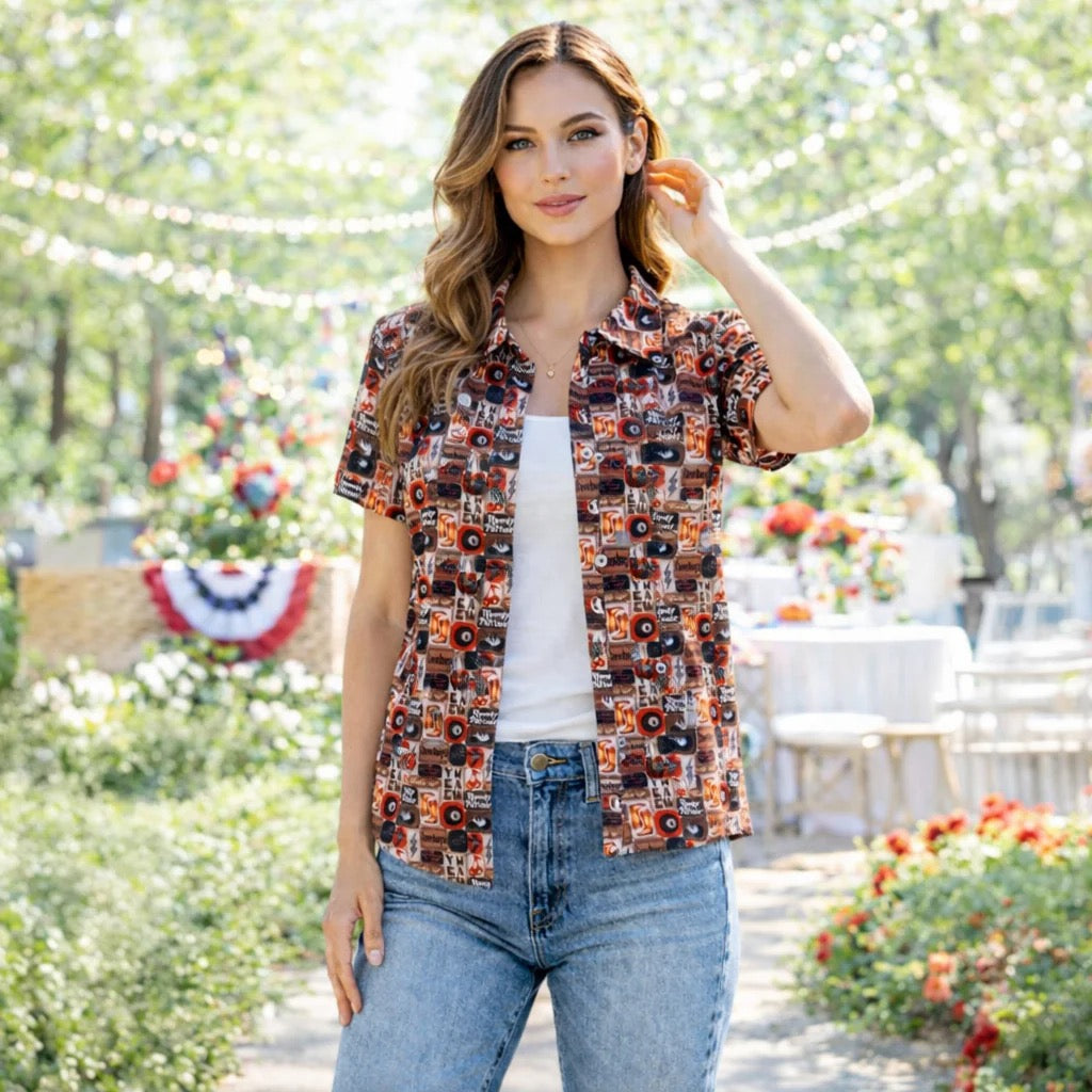 Western Print Mesh Button Down Top with Ruffle Sleeves