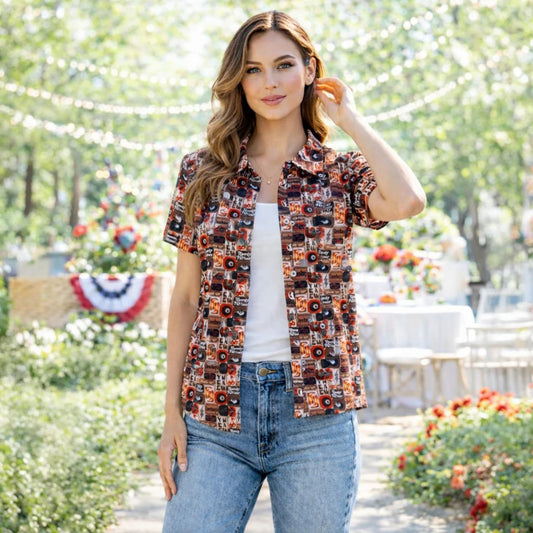 Western Print Mesh Button Down Top with Ruffle Sleeves