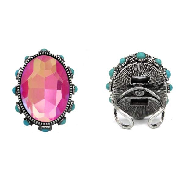 OVAL RHINESTONE ADJUSTABLE RING - PINK