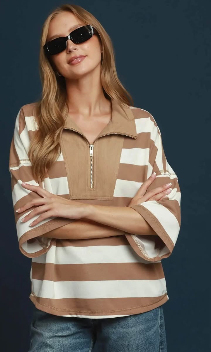 Stripe Drop Shoulder Corduroy Collared Pullover
