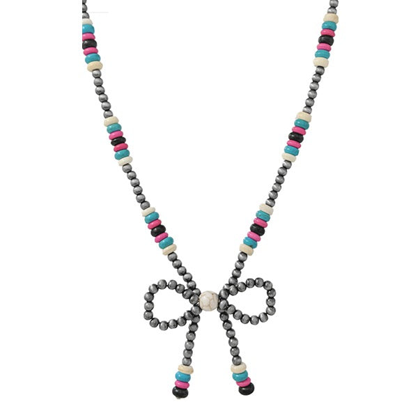 WESTERN NAVAJO W/SEMI STONE BOW NECKLACE - SILVER / MULTI