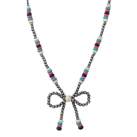 WESTERN NAVAJO W/SEMI STONE BOW NECKLACE - SILVER / MULTI