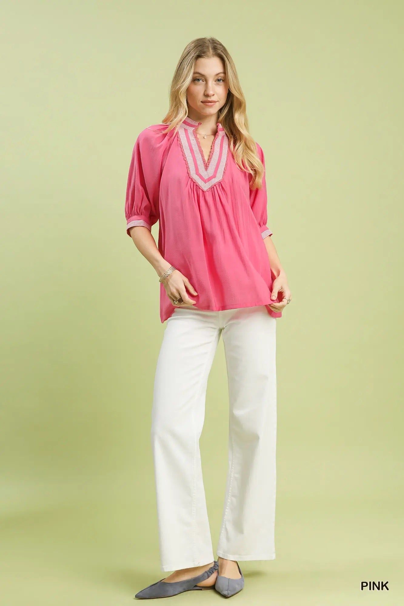 UMGEE Solid Contrast Trim Pleated Top PINK