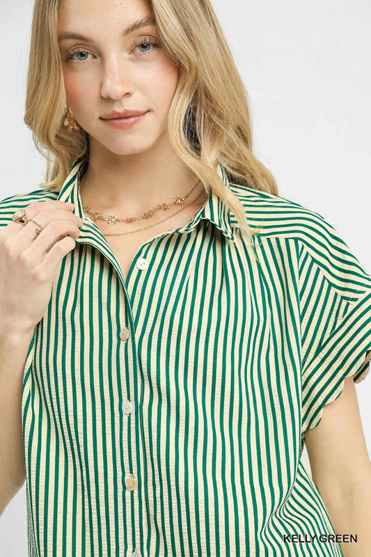 Striped Button-Down Top with Scallop Sleeves