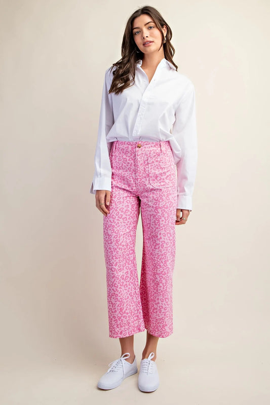 Ankle Cropped Summer Pants in a PINK Leopard Print with Pockets