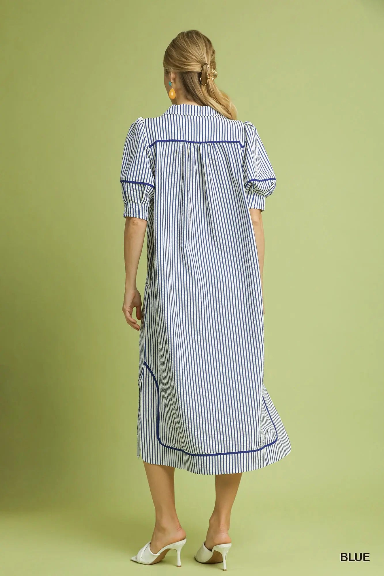 Striped Midi Dress with Puff Sleeves