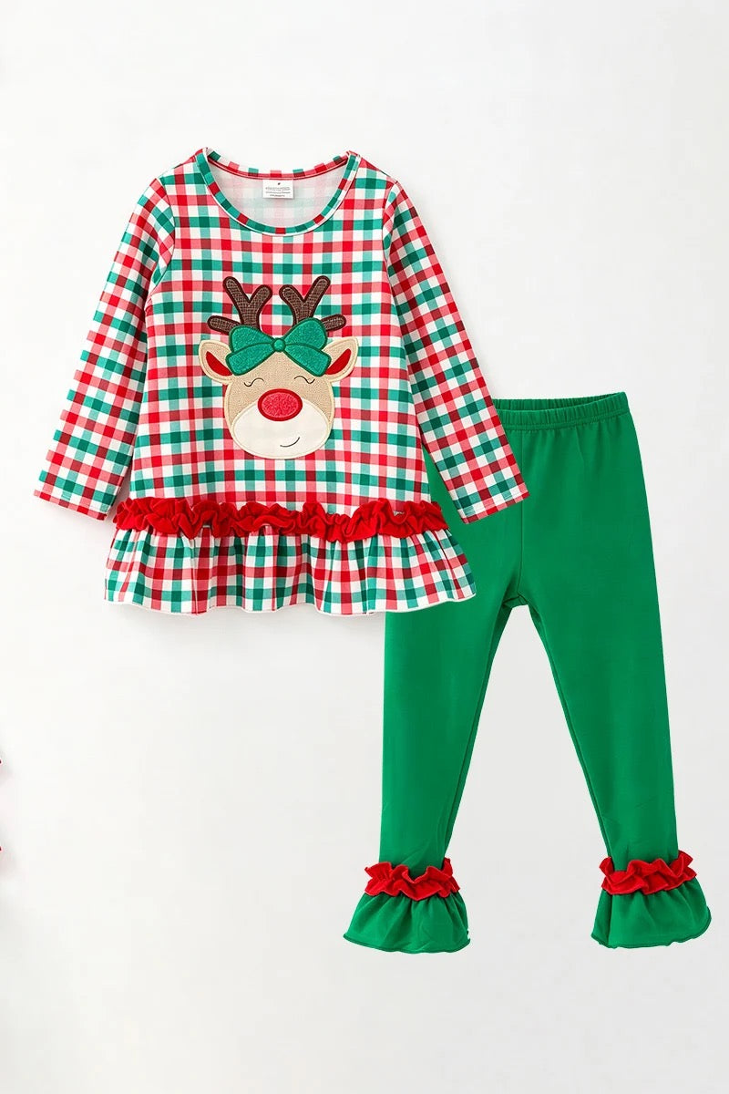 PLAID & REINDEER APPLIQUE TUNIC WITH RUFFLE HEM AND GREEN PANTS