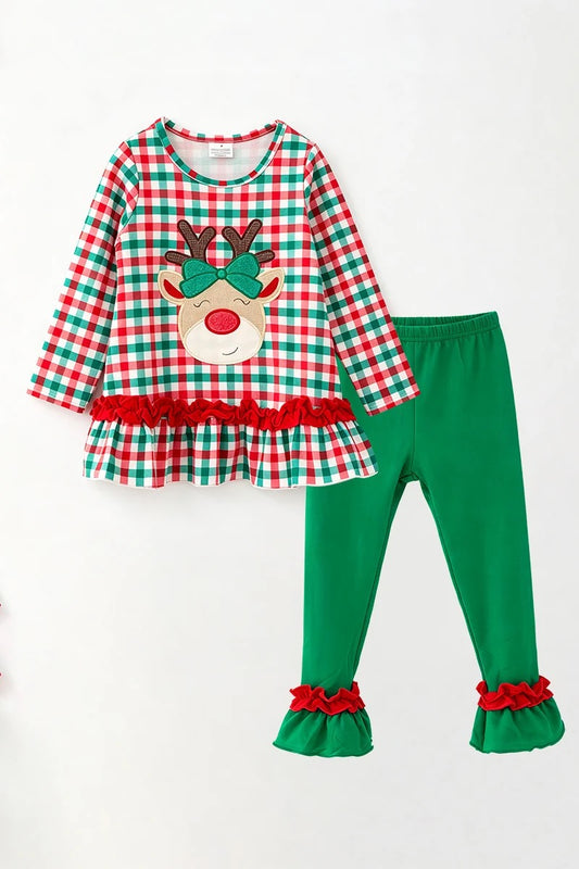 PLAID & REINDEER APPLIQUE TUNIC WITH RUFFLE HEM AND GREEN PANTS