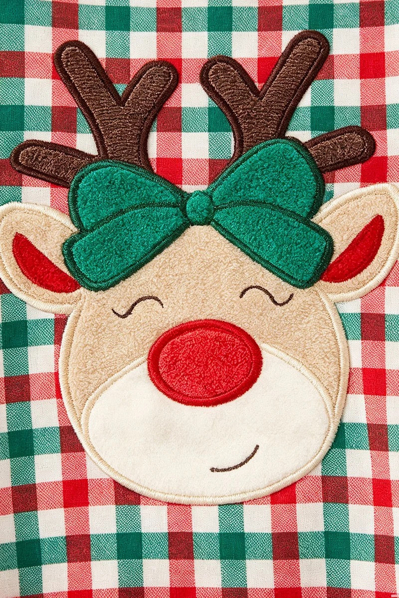 PLAID & REINDEER APPLIQUE TUNIC WITH RUFFLE HEM AND GREEN PANTS