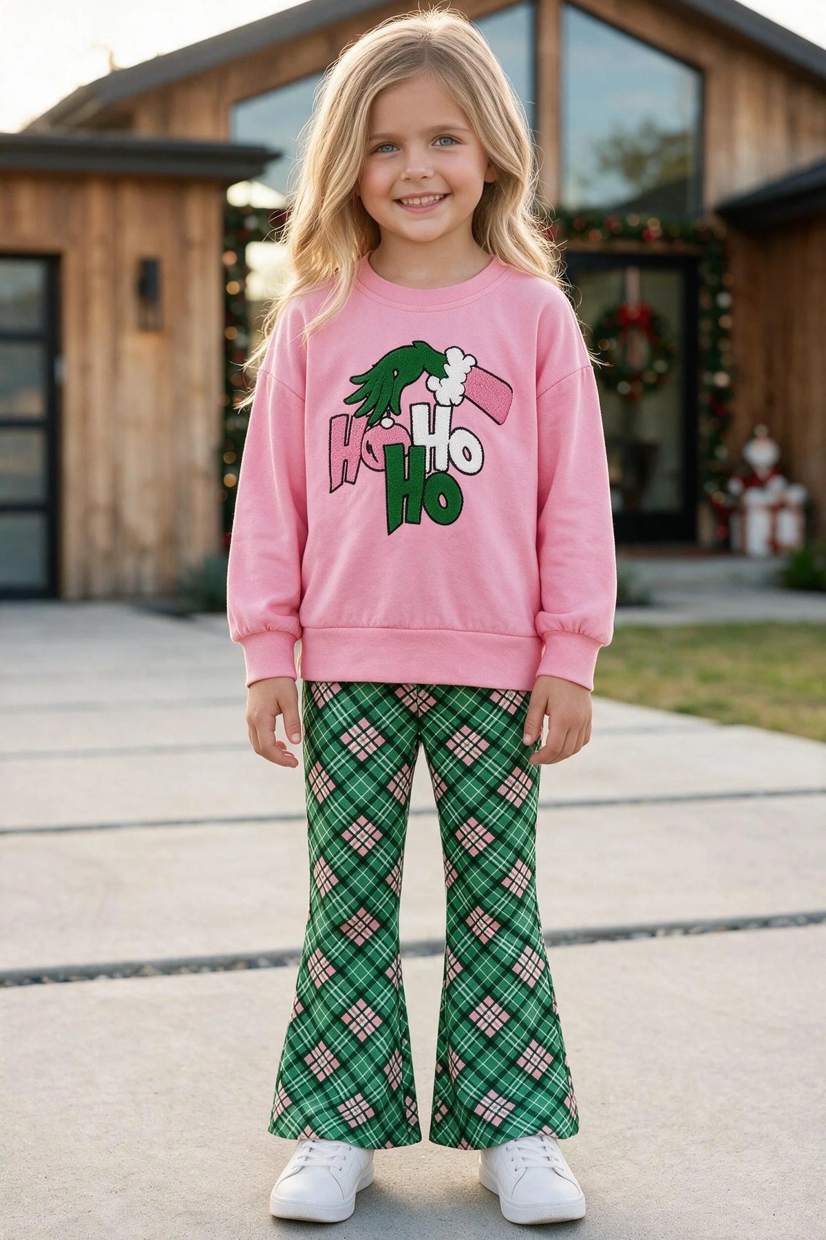 PINK LONG SLEEVE CHRISTMAS APPLIQUE TOP AND GREEN PLAID BOTTOMS