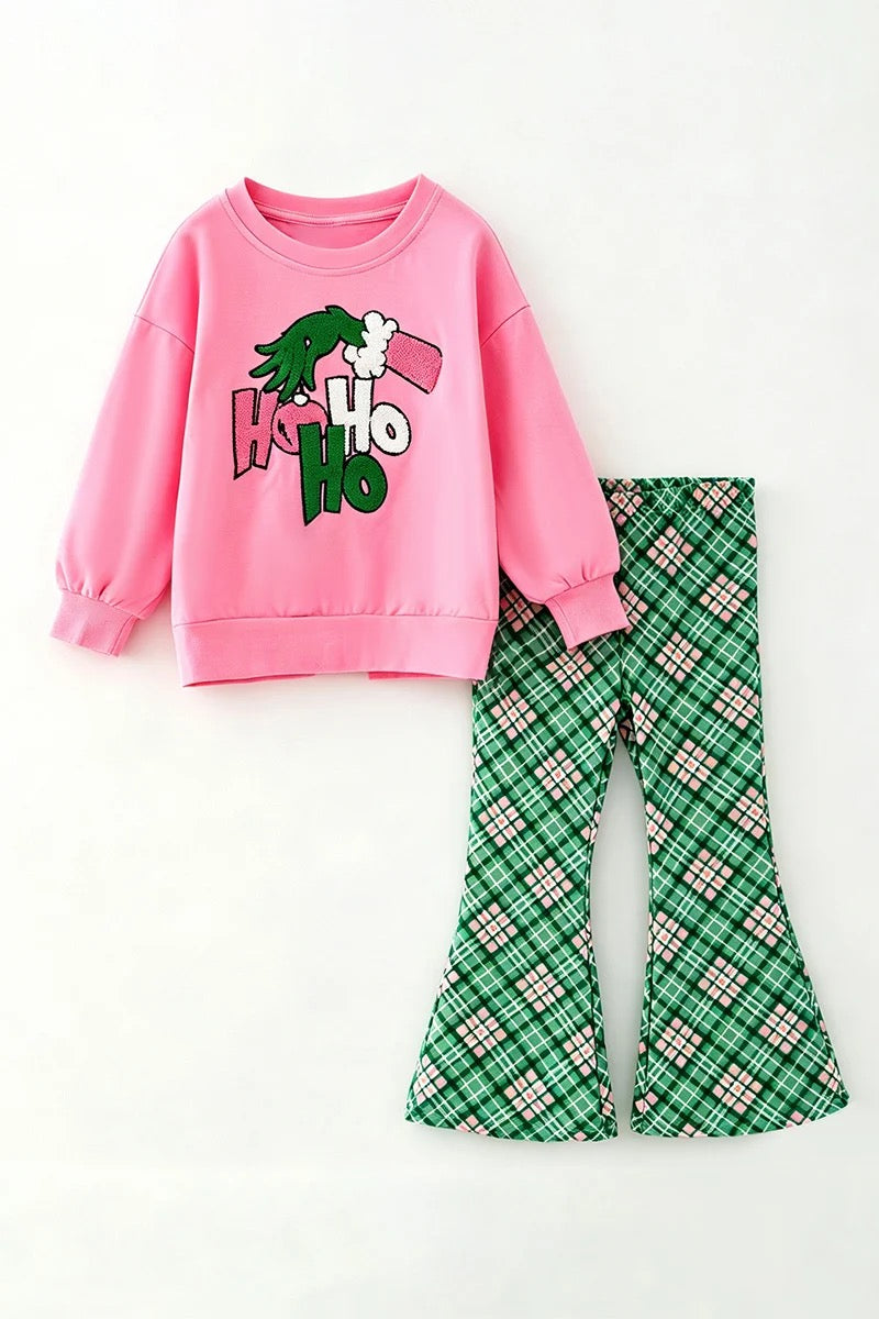 PINK LONG SLEEVE CHRISTMAS APPLIQUE TOP AND GREEN PLAID BOTTOMS