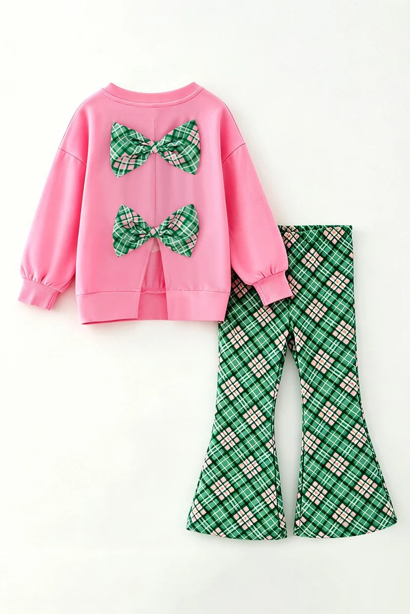 PINK LONG SLEEVE CHRISTMAS APPLIQUE TOP AND GREEN PLAID BOTTOMS