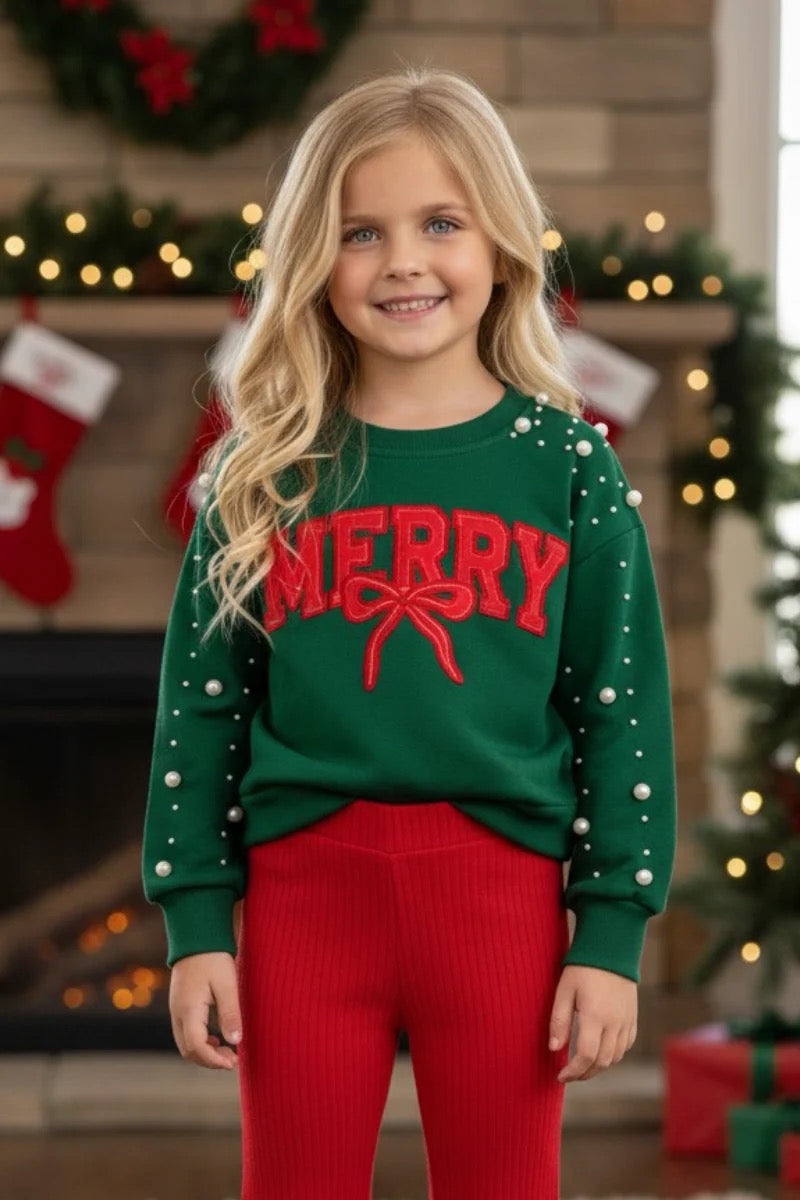 DARK GREEN MERRY & A BOW APPLIQUE TOP