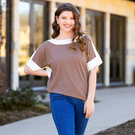Color Block Short Sleeve Top with Slits