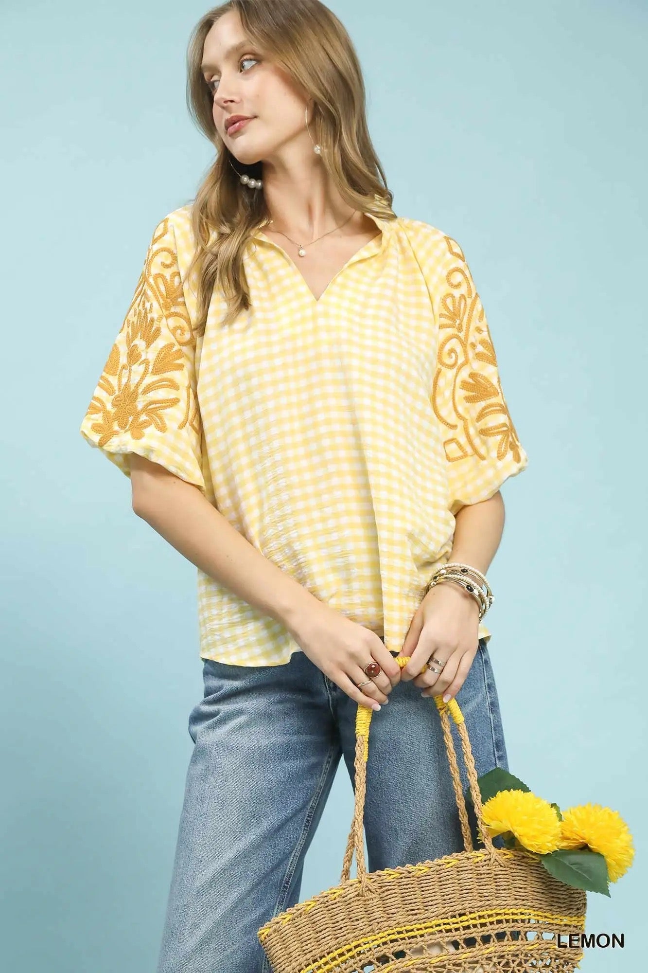 Gingham Embroidered Balloon Sleeve Top