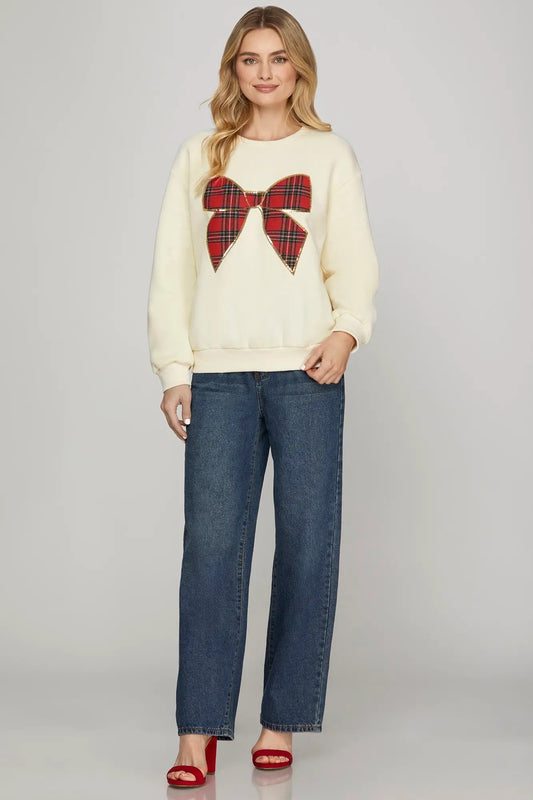 SHE + SKY LONG SLEEVE CHRISTMAS PLAID BOW KNIT TOP