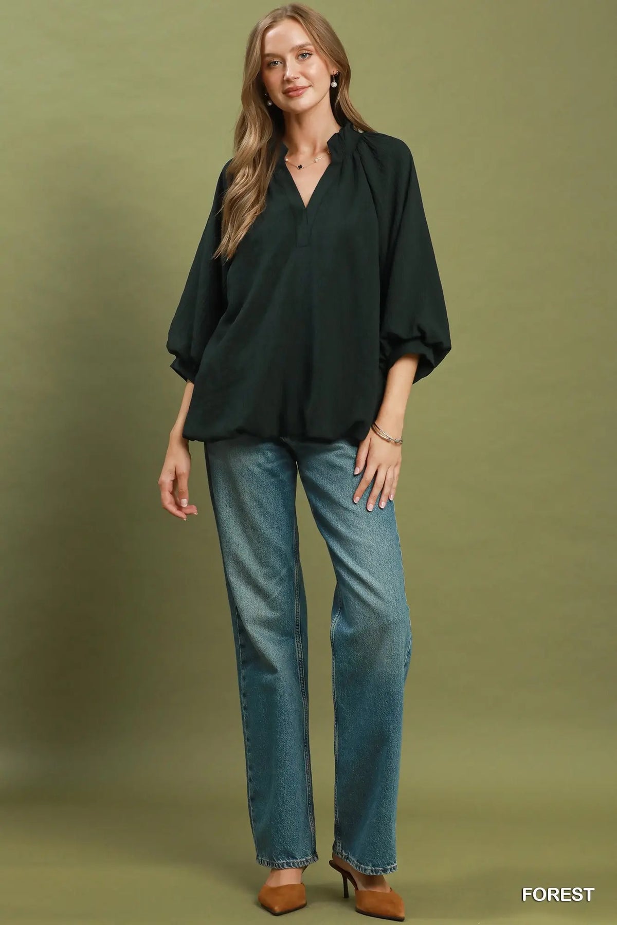 Balloon Sleeve Split Neck Blouse