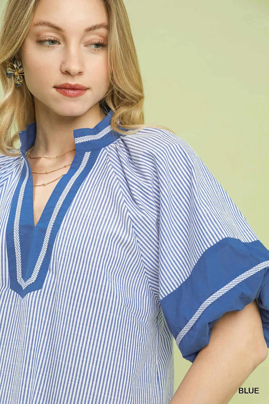 UMGEE Striped Mixed V-Neck Top