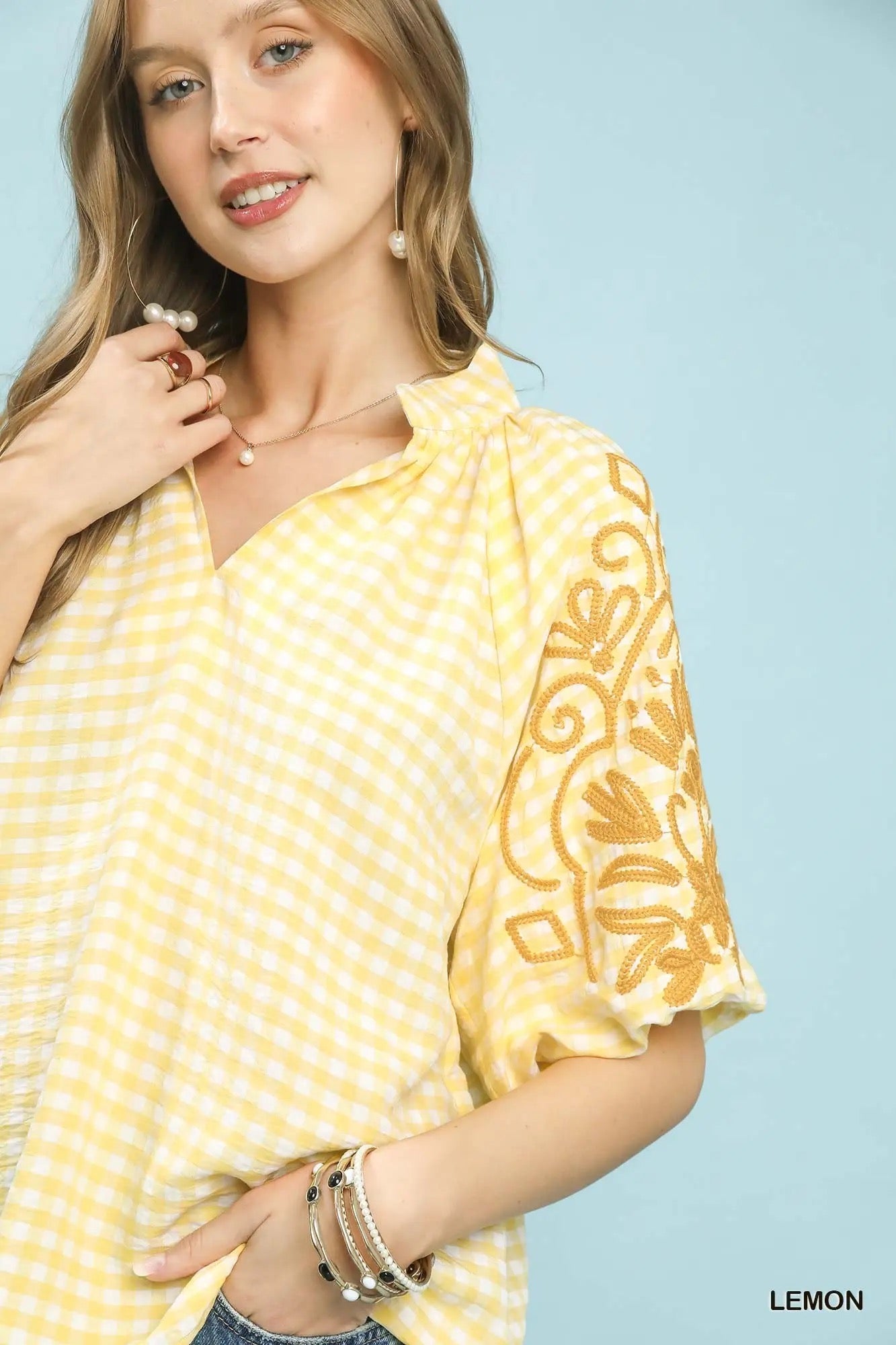 Gingham Embroidered Balloon Sleeve Top