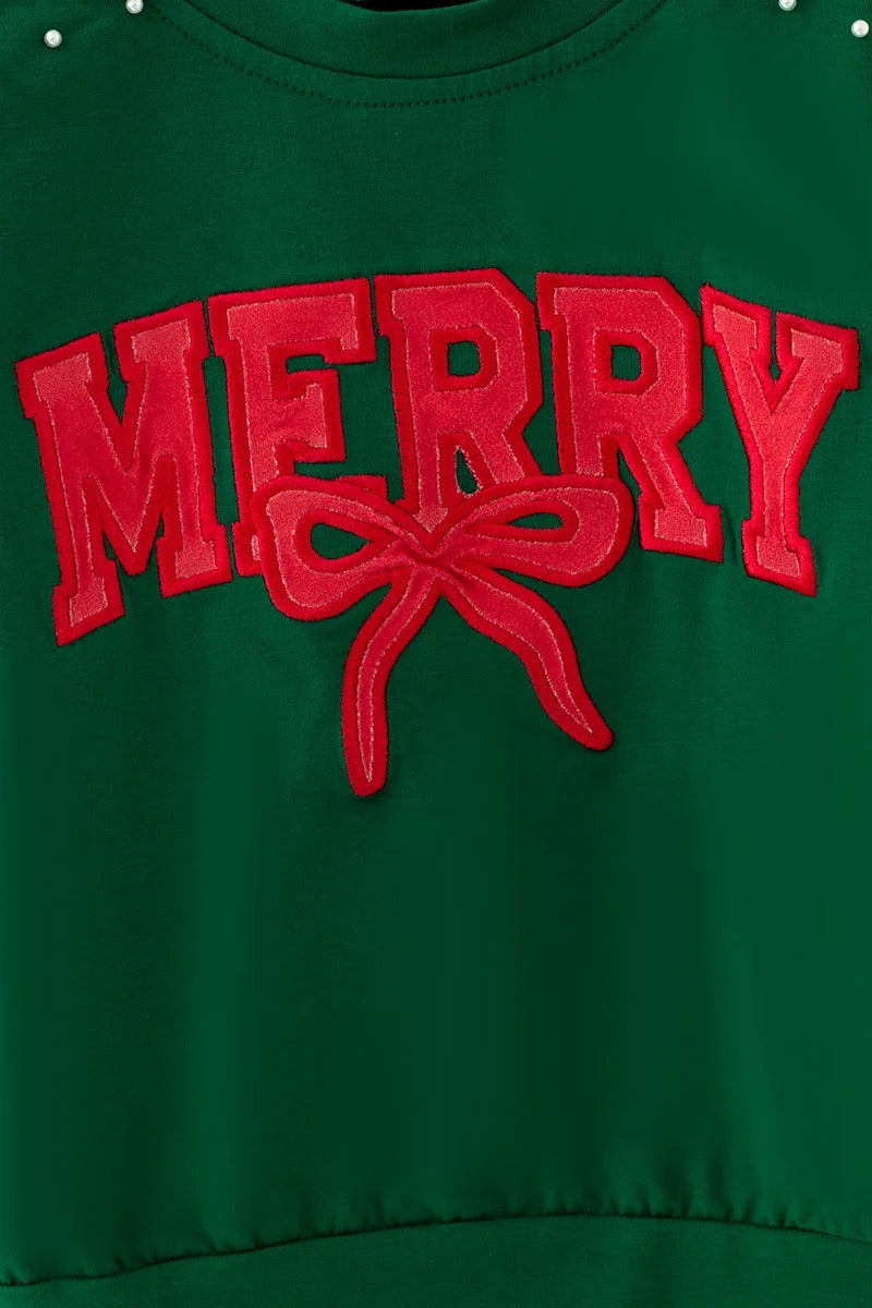 DARK GREEN MERRY & A BOW APPLIQUE TOP