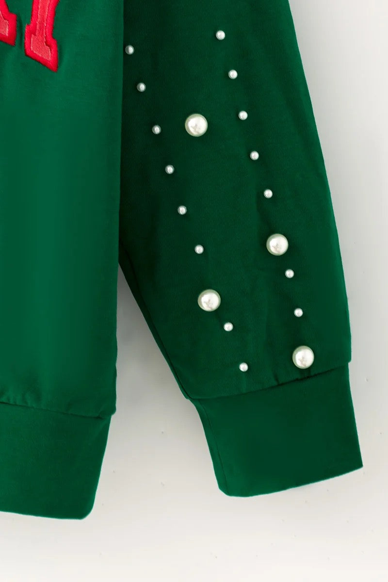 DARK GREEN MERRY & A BOW APPLIQUE TOP