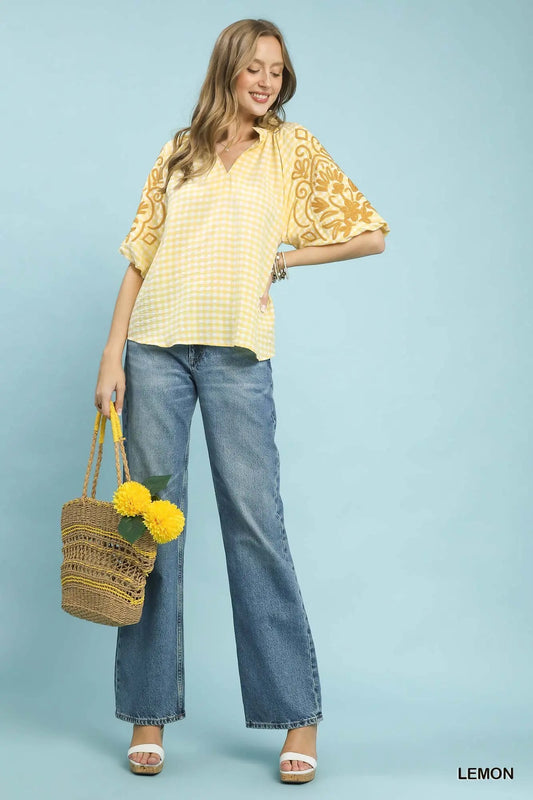 Gingham Embroidered Balloon Sleeve Top