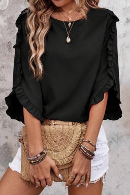 Black Frill Trim Plain Tulip Sleeve Blouse