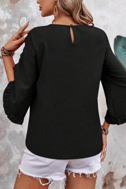Black Frill Trim Plain Tulip Sleeve Blouse