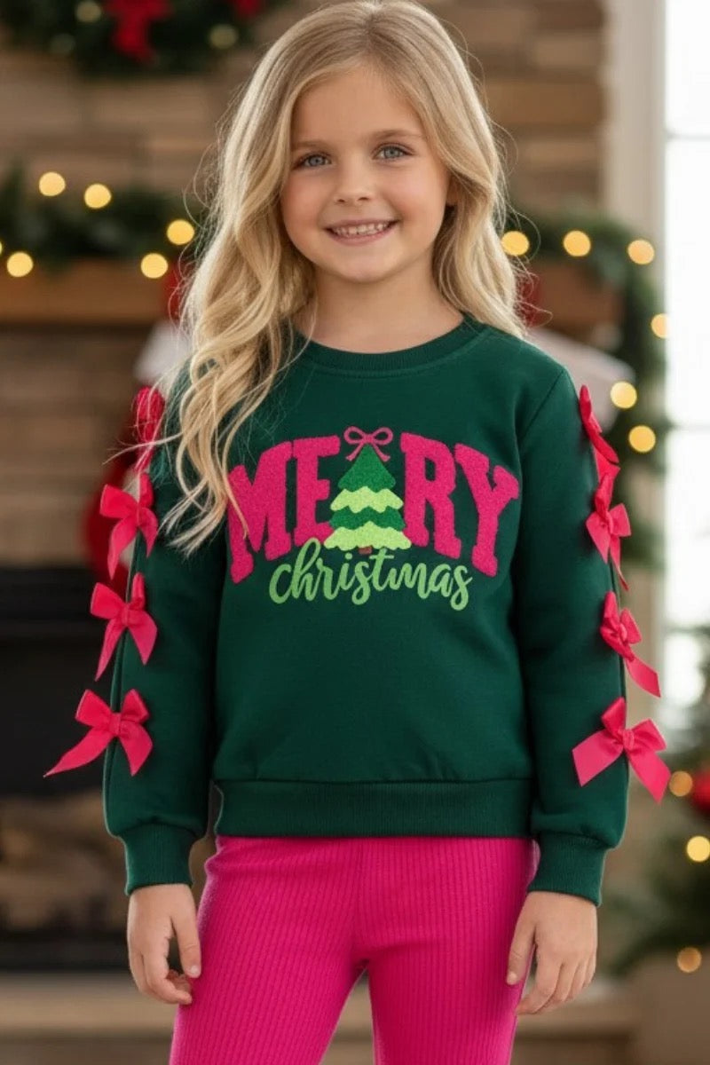 GREEN AND MERRY CHRISTMAS APPLICATION TOP WITH FUCHSIA BOWS ON SLEEVES