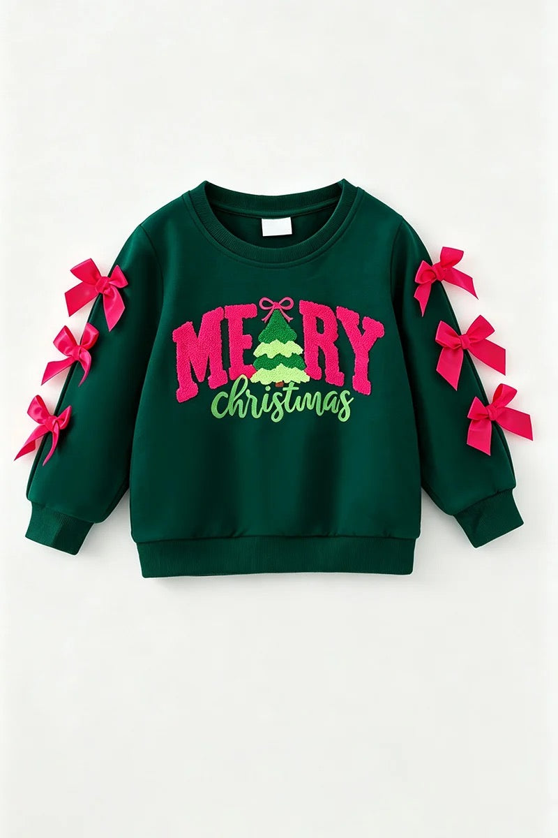 GREEN AND MERRY CHRISTMAS APPLICATION TOP WITH FUCHSIA BOWS ON SLEEVES