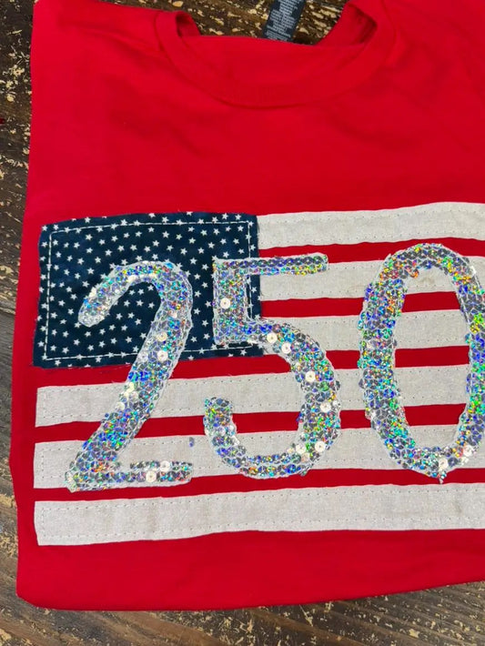 American 250 Flag, America Graphic Tee -Sequins and Fabric
